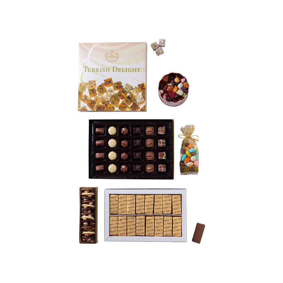 Luksusowy kosz upominkowy z mieszanką czekolady i słodyczy