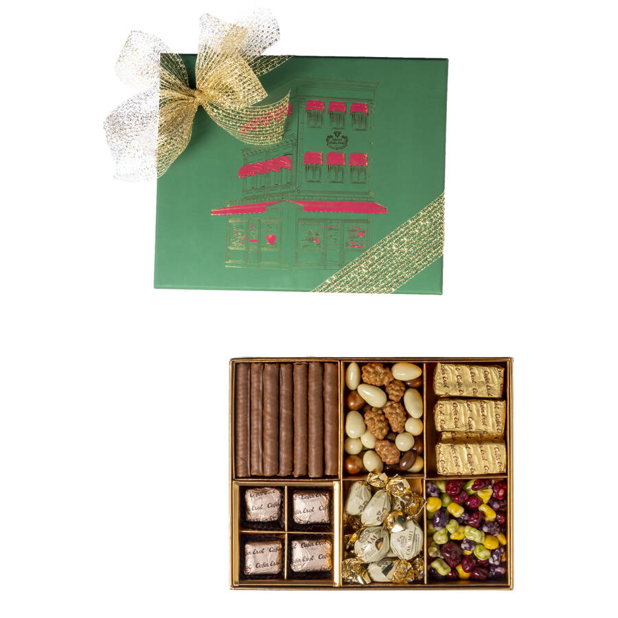 Chocolate especial feito à mão em caixa de oferta com compartimento verde