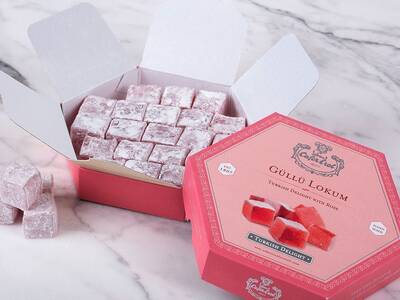 Delícia turca rosa de luxo em caixa de oferta hexagonal