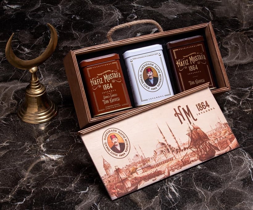 Traditional Turkish Sahlep, Classic Coffee and Coffee with Mastic Flavor in Handmade Wooden Box