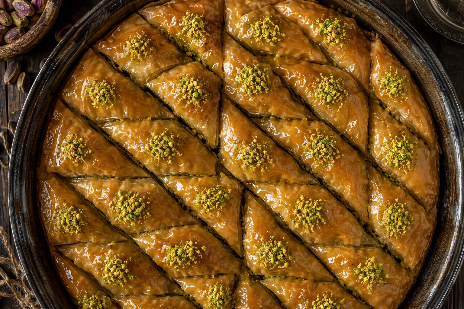 Turkish pistachio baklava cut into diamonds in a tray