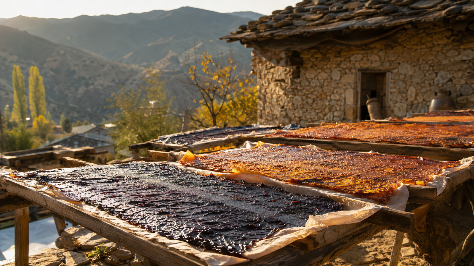 Thin sheets of mulberry and grape pestil drying on wooden racks in the Anatolian sun