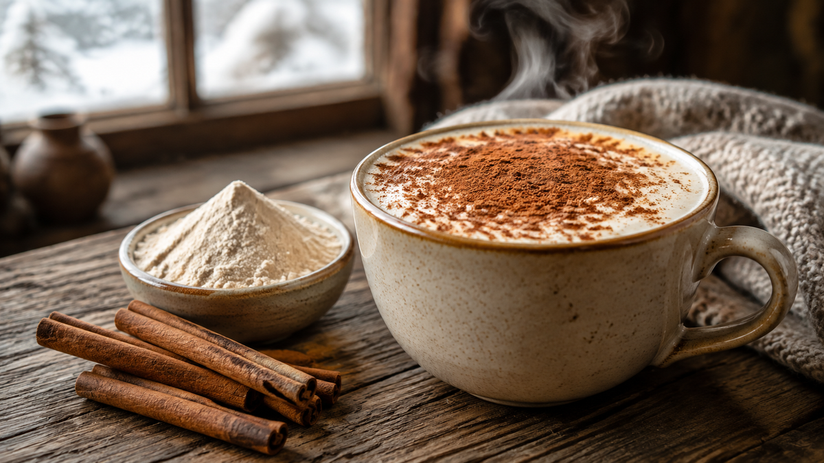 A steaming cup of salep dusted with cinnamon on a wooden table, with cinnamon sticks alongside