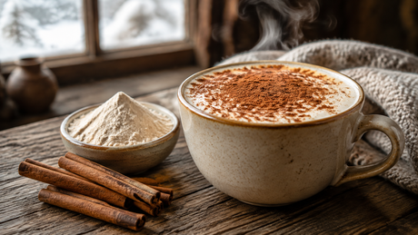 A steaming cup of salep dusted with cinnamon on a wooden table, with cinnamon sticks alongside