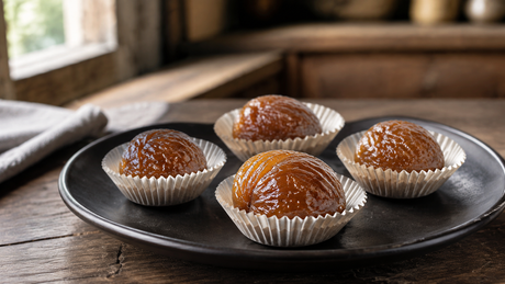 Whole marrons glacés with a pearly glaze resting in paper cases on a dark plate
