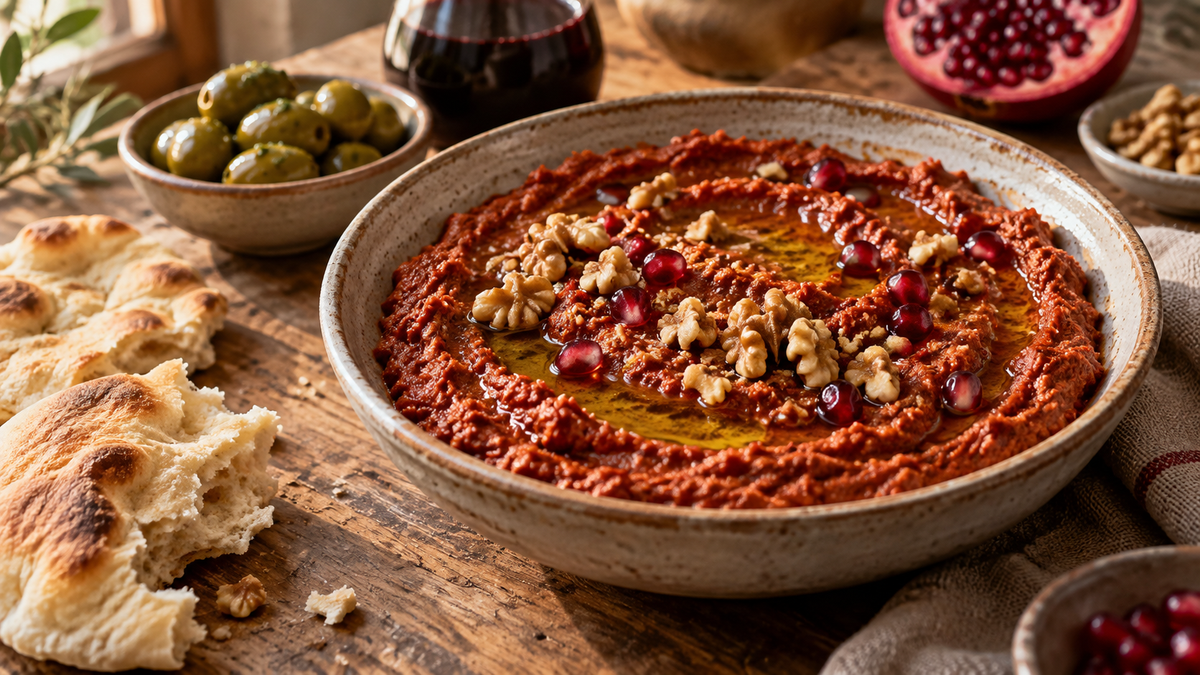 A shallow bowl of muhammara, brick-red and coarse, swirled with olive oil and scattered with walnut pieces and pomegranate seeds, flatbread torn beside it