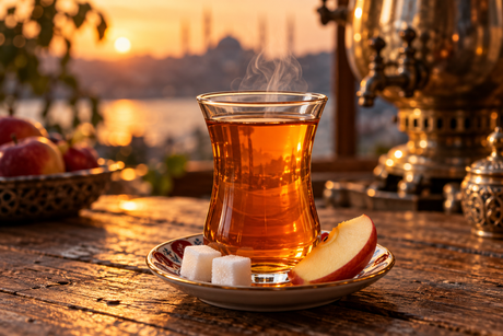 A tulip glass of golden Turkish apple tea at sunset with a samovar behind it