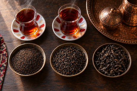Two tulip glasses of Turkish tea beside three bowls of black tea leaves in different grades
