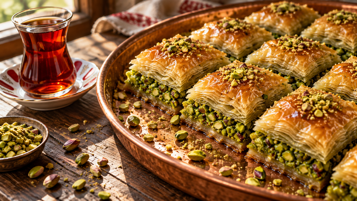 A tray of Turkish pistachio baklava cut into squares, with bright green pistachio between golden layers