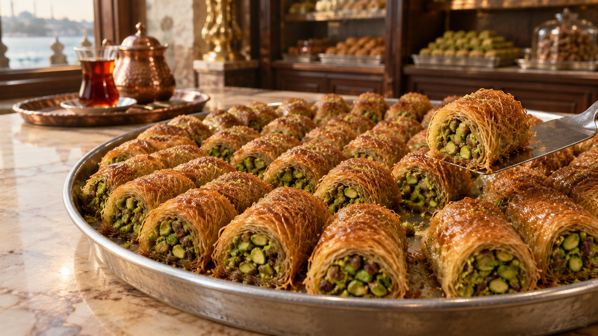 Tray of golden burma kadayif rolls filled with green Antep pistachio, glistening with syrup, on the counter of an Istanbul pastry shop