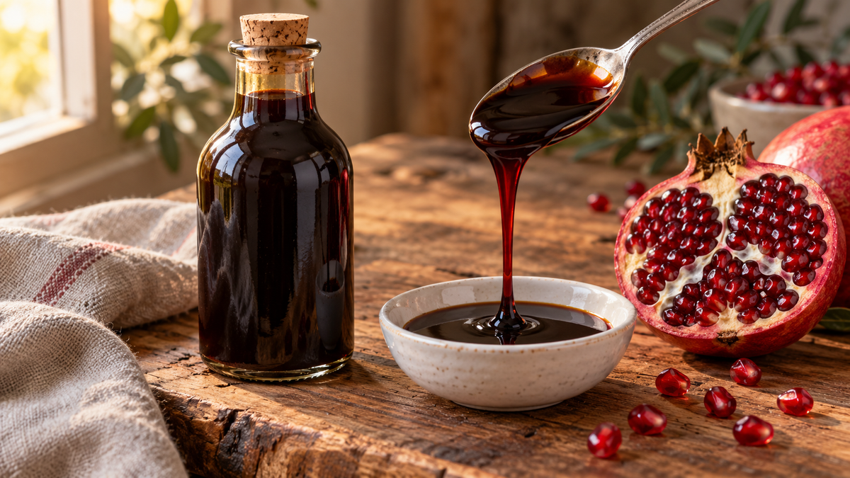 A dark glass bottle of Turkish pomegranate molasses beside a halved pomegranate on a wooden table, a spoon lifting the thick garnet syrup
