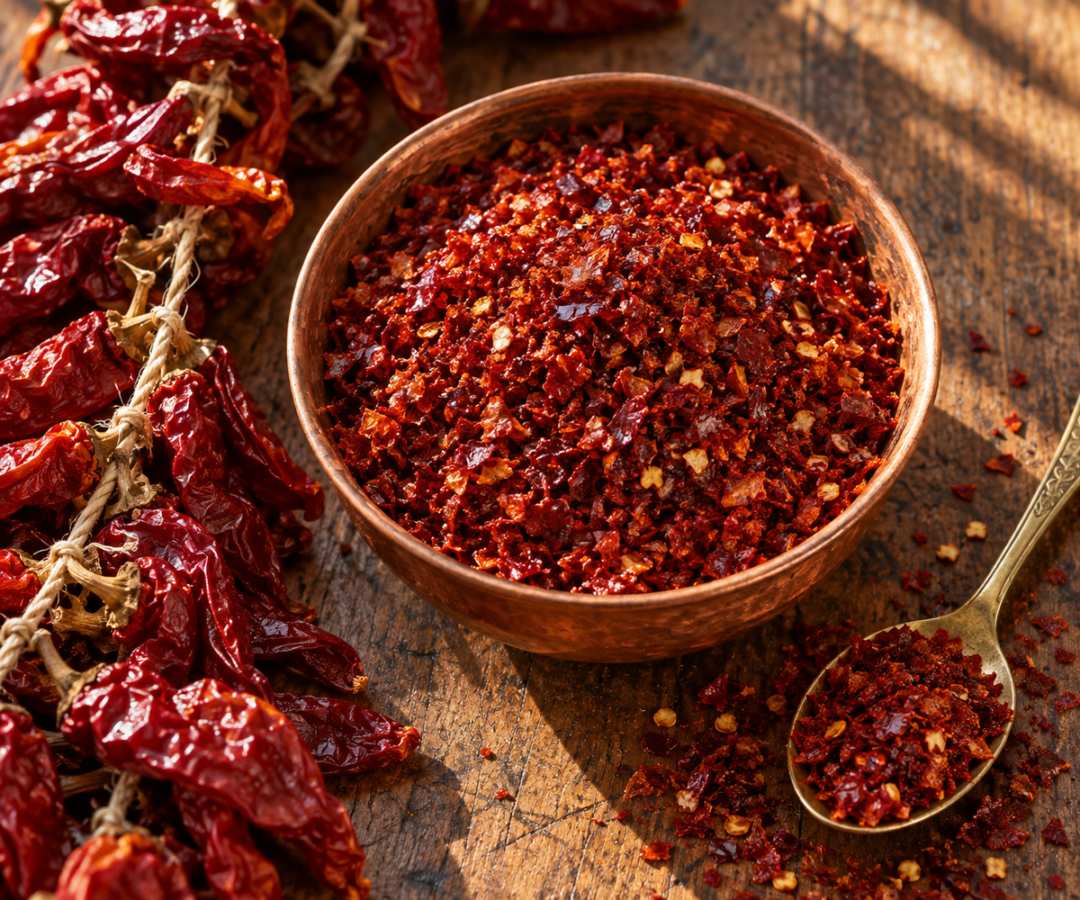 A copper bowl of coarse, glossy Turkish pul biber flakes next to a string of sun-dried red peppers