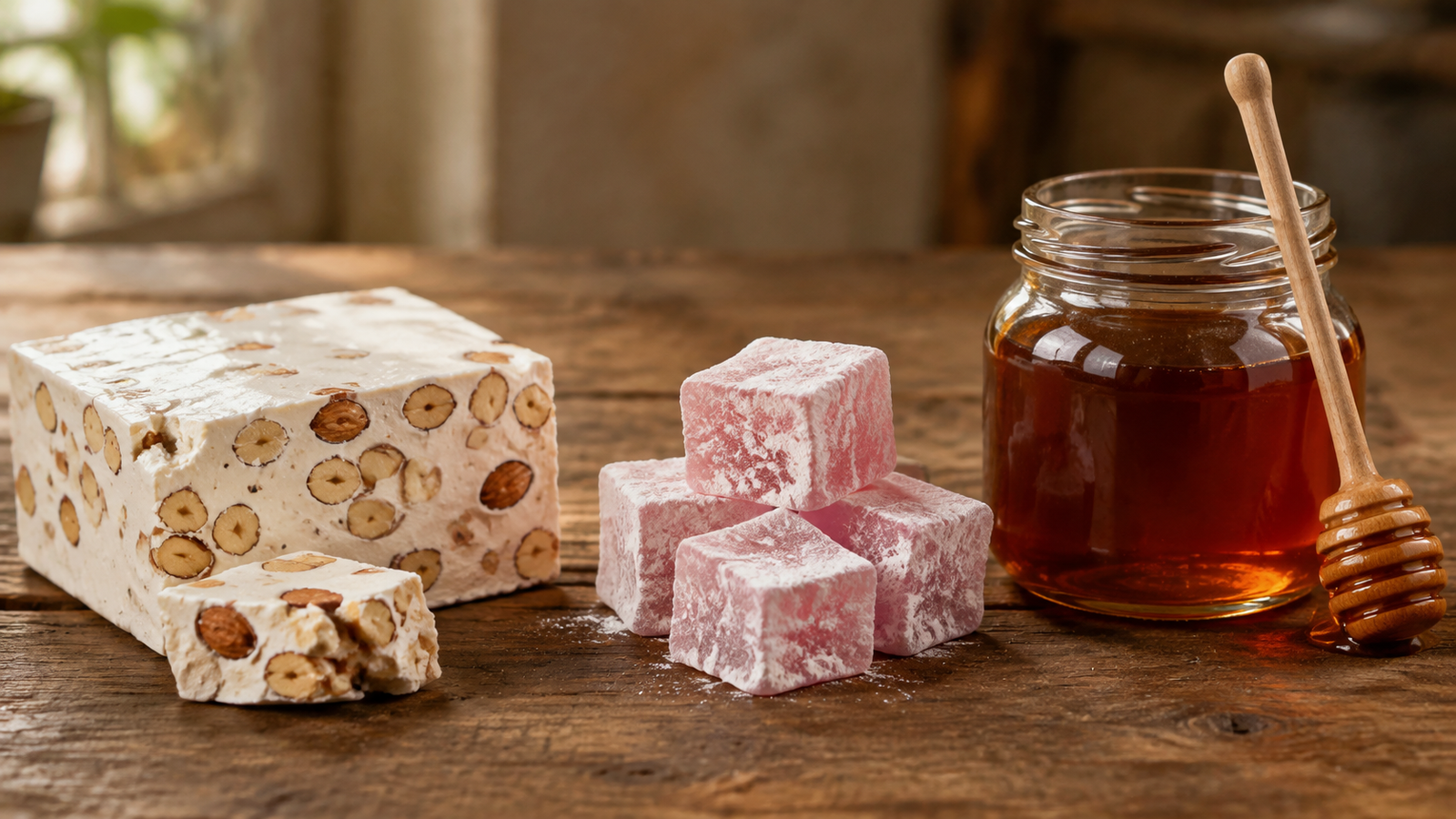 Three sweets compared on a wooden table: a block of white nut nougat, powdered Turkish delight cubes, and a jar of dark honey with a wooden dipper