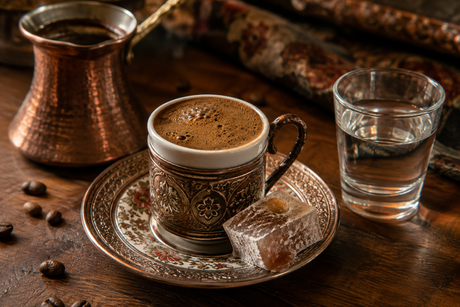 Turkish coffee served with foam, water, and Turkish delight