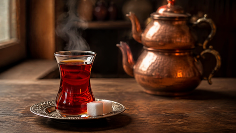 Turkish tea in a tulip glass with a copper double teapot