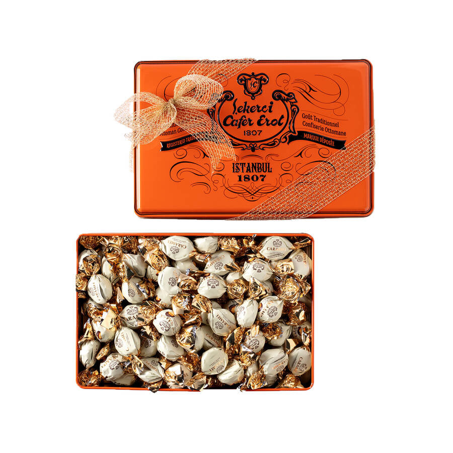 Gourmet Sweet Chocolate Caramel Treat in Retro Tin Box 650 G.