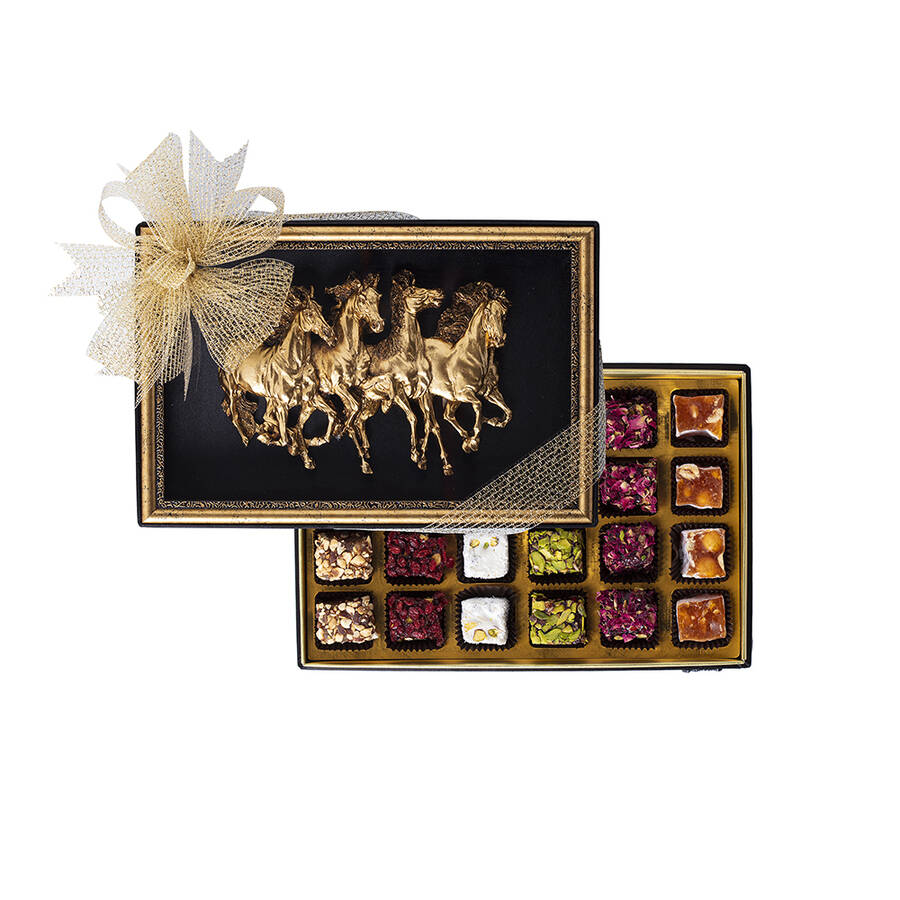 Handgemaakte Speciale Turkse Delight in Gouden Paarden Ingelijst Doosje