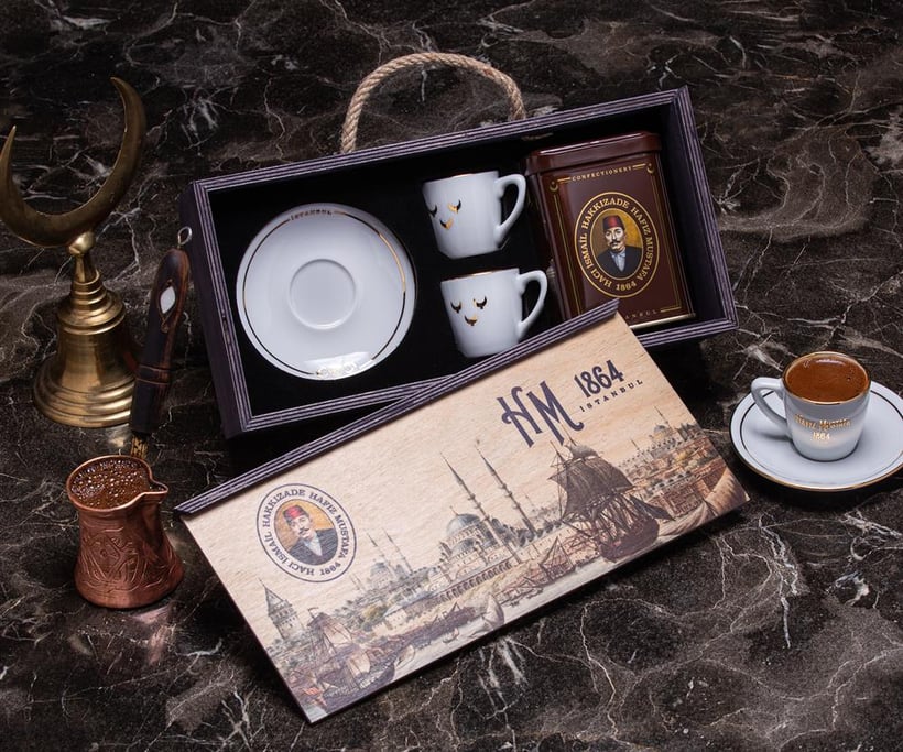 Turkse Koffiekopjes Set 2 Stuks in Handgemaakte Houten Doos